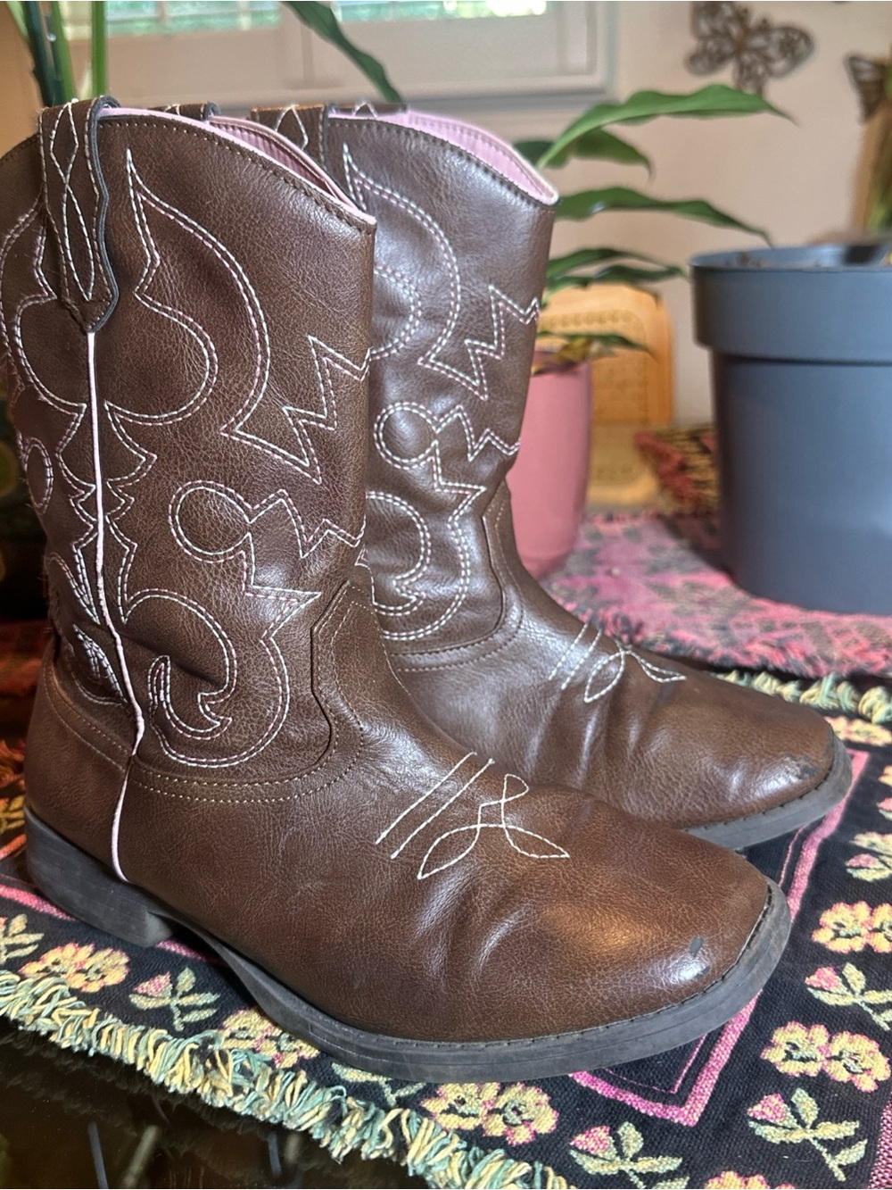 Wonder Nation Western Boots Kids Size 5 Brown Pink Square Toe Cowgirl Rodeo
